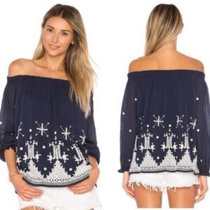 Joie Kistine Off Shoulder Embroidered Blouse Blue Size XS